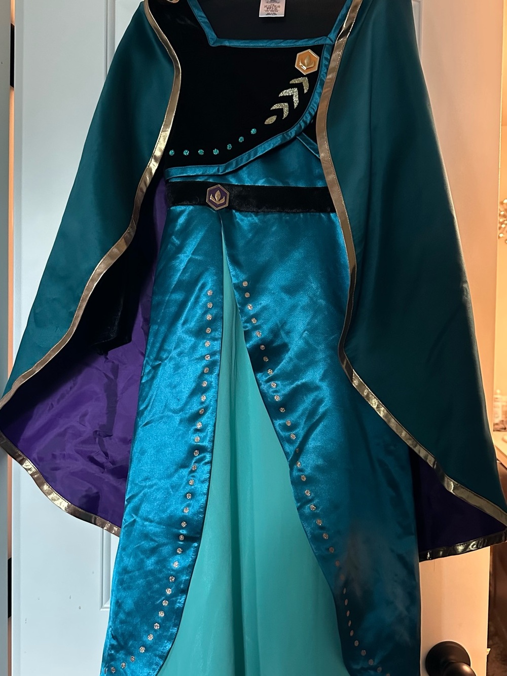 Disney Anna dress. Teal and Purple Satin Cape with Gold Trim